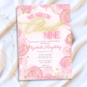 On Pink Cloud Nine 9 Gold Glitter Girl Baby Shower Invitation
