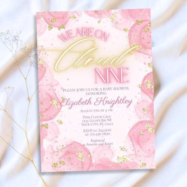 On Pink Cloud Nine 9 Gold Glitter Girl Baby Shower Invitation (Creator Uploaded)