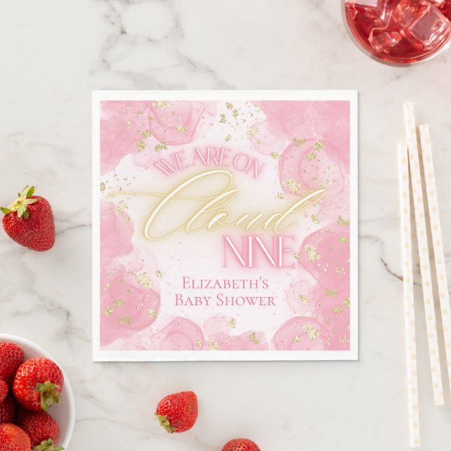 On Pink Cloud Nine 9 Gold Glitter Girl Baby Shower Napkin (Insitu)