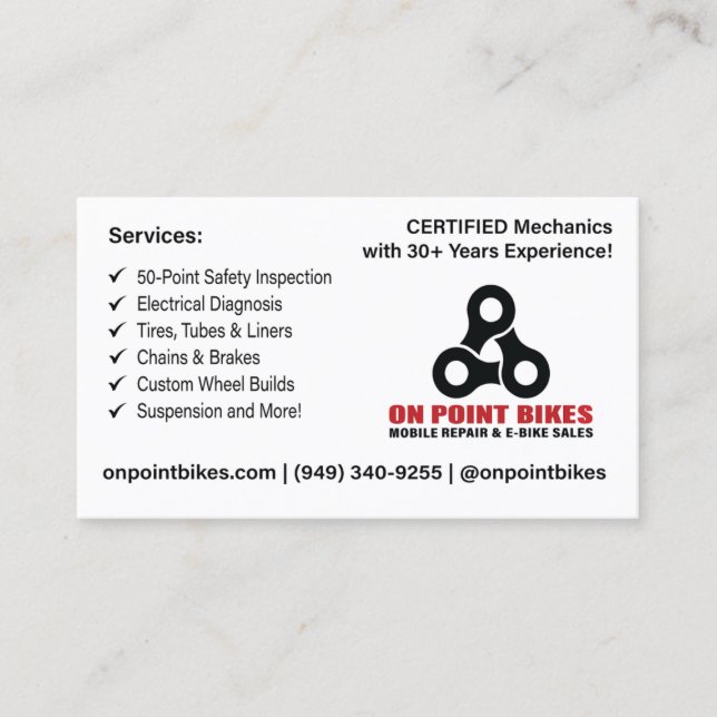 On Point Bikes Custom Design Business Card (Front)