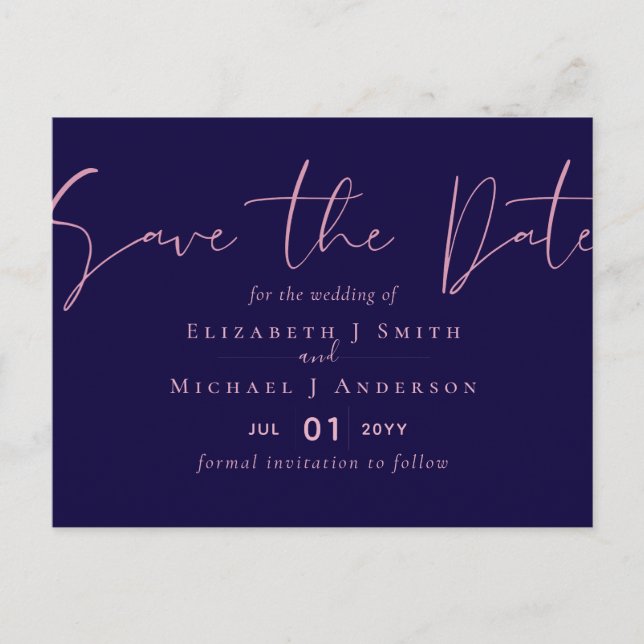ON SALE! Navy Blue Rosegold Save the Date Wedding Postcard (Front)