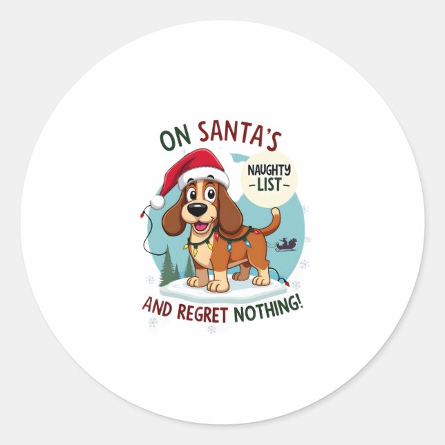 On Santa's Xmas Naughty List Regret Nothing Basset Classic Round Sticker (Front)