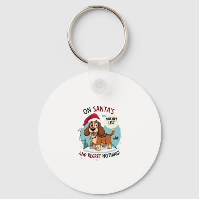 On Santa's Xmas Naughty List Regret Nothing Basset Key Ring (Front)