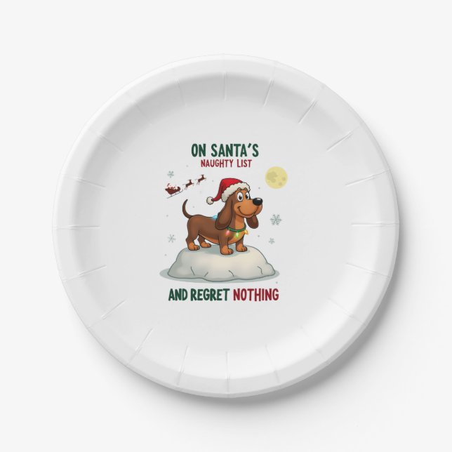 On Santa's Xmas Naughty List Regret Nothing Basset Paper Plate (Front)
