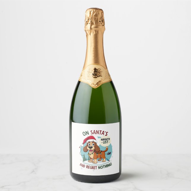 On Santa's Xmas Naughty List Regret Nothing Basset Sparkling Wine Label (Front)