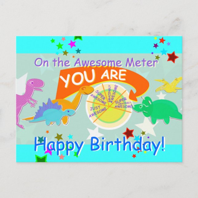 On the Awesome Metre You Cartoon Dinosaur Birthday Postcard (Front)