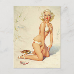 On the Beach Retro Pin-up Girl Postcard