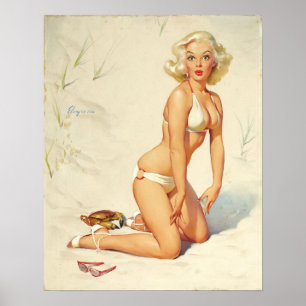 On the Beach Retro Pin-up Girl Poster