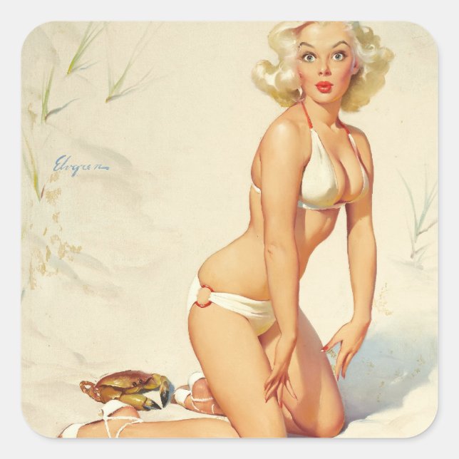 On the Beach Retro Pin-up Girl Square Sticker (Front)