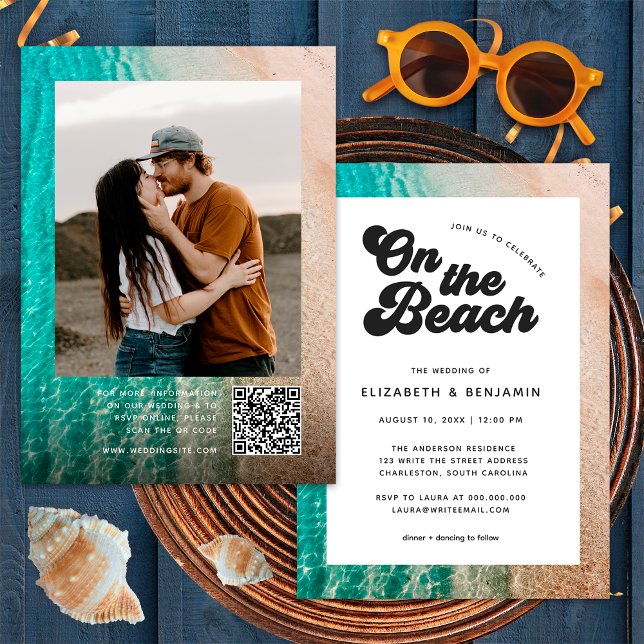 On The Beach Typography Photo QR Code Wedding Invitation (Front/Back)