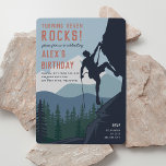 On The Edge | Kids Rock Climbing Birthday Party Invitation<br><div class="desc">Plan your child's rock climbing themed birthday party with these cool invitations for adventurous kids! Design features a rock climber on a mountain with a forest below,  with "turning [age] rocks!" at the top. Personalise with your party details in rustic modern lettering.</div>