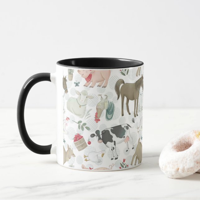 On The Farm Animal Farmhouse Country Black Mug (With Donut)