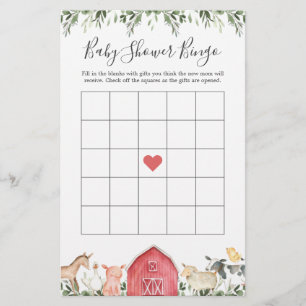 On The Farm Animals Baby Shower Bingo Game