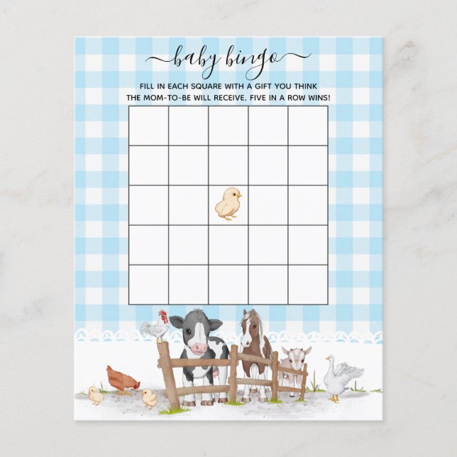 On The Farm Animals Baby Shower Bingo Game (Front)