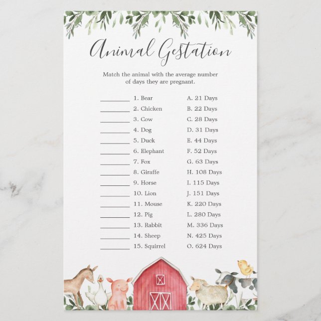 On The Farm Baby Shower Animal Gestation Game (Front)