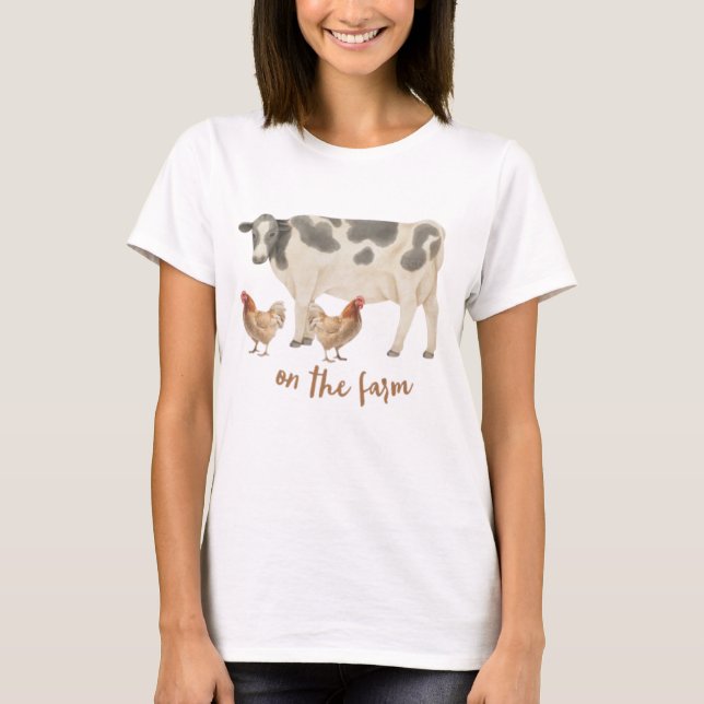 On The Farm Country Cow and Chickens T-Shirt (Front)
