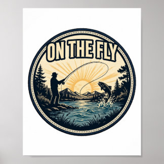 On The Fly — Fly Fisherman Casting at Sunrise with Poster
