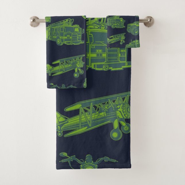 On the Go Blue & Green Moving Vehicles Cars Boys Bath Towel Set (Insitu)