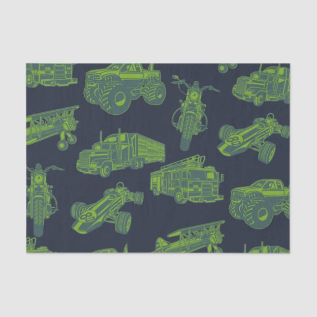 On the Go Blue & Green Moving Vehicles Cars Boys Tissue Paper (Front)