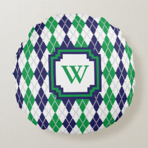 On the Green Argyle Round Pillow