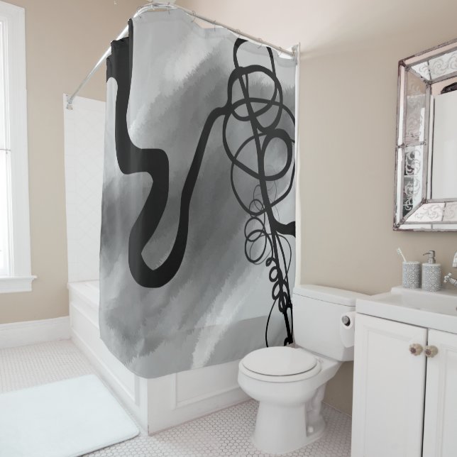 On the Grid: Abstract Grey, Black & White Shower Curtain (In Situ)
