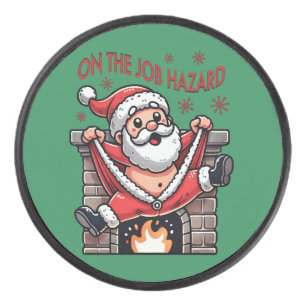 On the Job Hazard Santa on Fire Hockey Puck