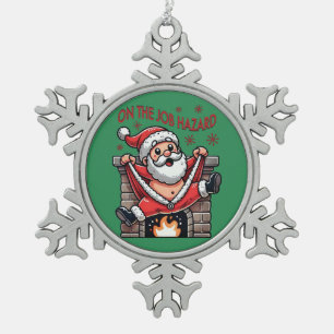 On the Job Hazard Santa on Fire Snowflake Pewter Christmas Ornament