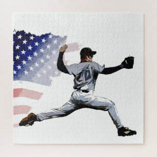 On The Mound - Baseball Pitcher and USA Flag Jigsaw Puzzle