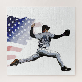 On The Mound - Baseball Pitcher and USA Flag   Jigsaw Puzzle