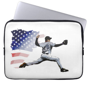 On The Mound - Baseball Pitcher and USA Flag  Laptop Sleeve