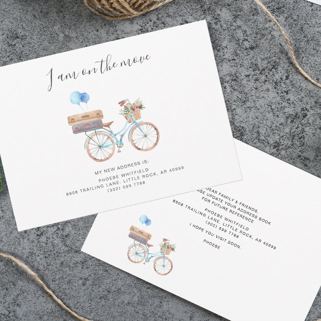 On The Move New Address Watercolor Bicycle Moving Announcement (Change of Address Boho Bike Moving Announcement)