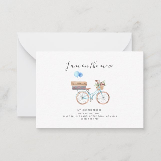 On The Move New Address Watercolor Bicycle Moving Card (Front)