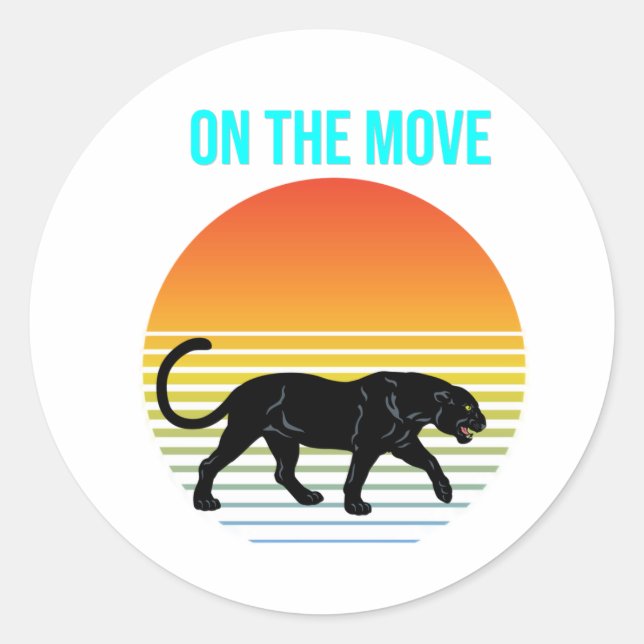 On the Move – Panther Walking Under a Retro Sunset Classic Round Sticker (Front)