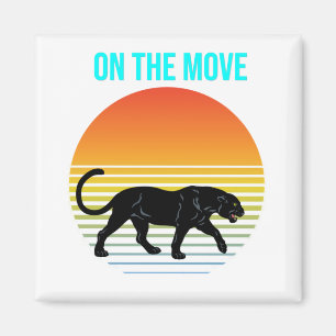 On the Move – Panther Walking Under a Retro Sunset Magnet