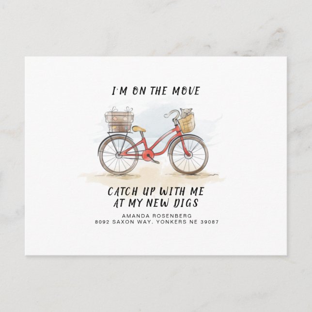 On The Move with Cat Red Bicycle Moving Address Announcement Postcard (Front)