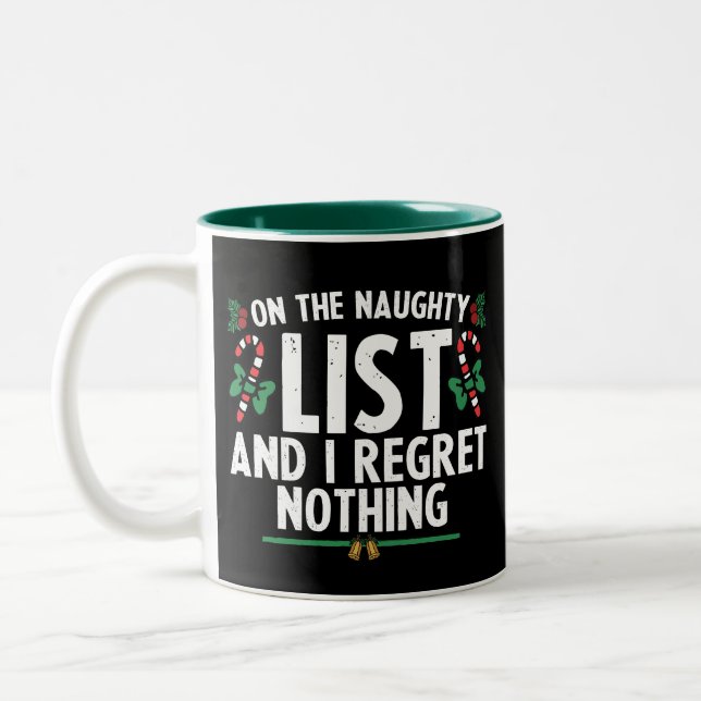 On The Naughty List And I Regret Nothing Xmas Two-Tone Coffee Mug (Left)