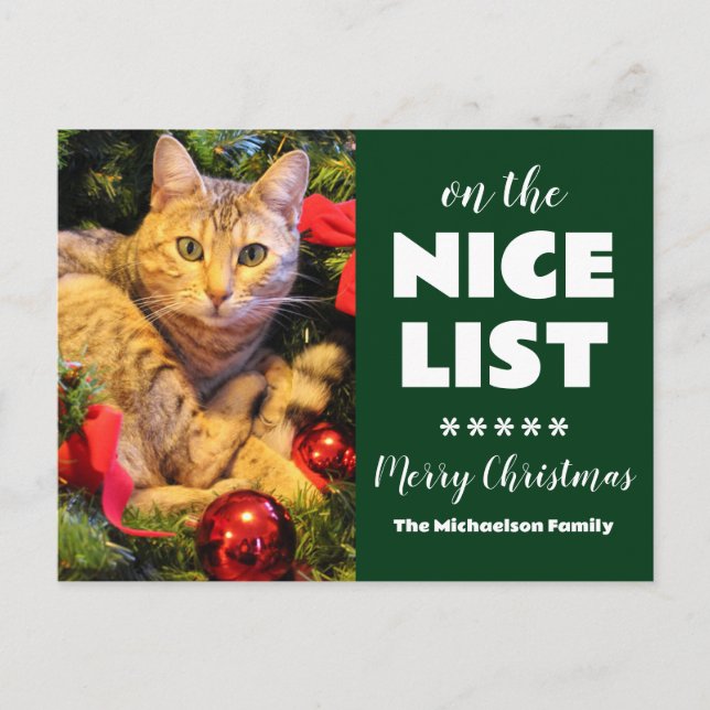 On The Nice List Christmas Cat Pet Photo Holiday Postcard (Front)