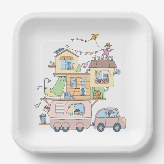 On the Road Family Camping Trailer Paper Plate (Front)