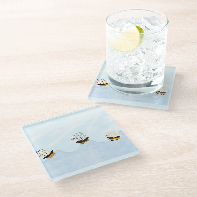 On the Rolling Sea Three Little Ships on Voyage Glass Coaster (Angled)