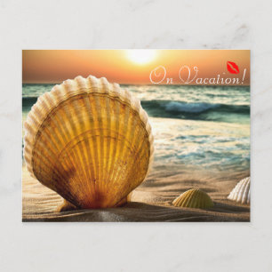 On Vacation romantic seashells on the beach kiss Postcard