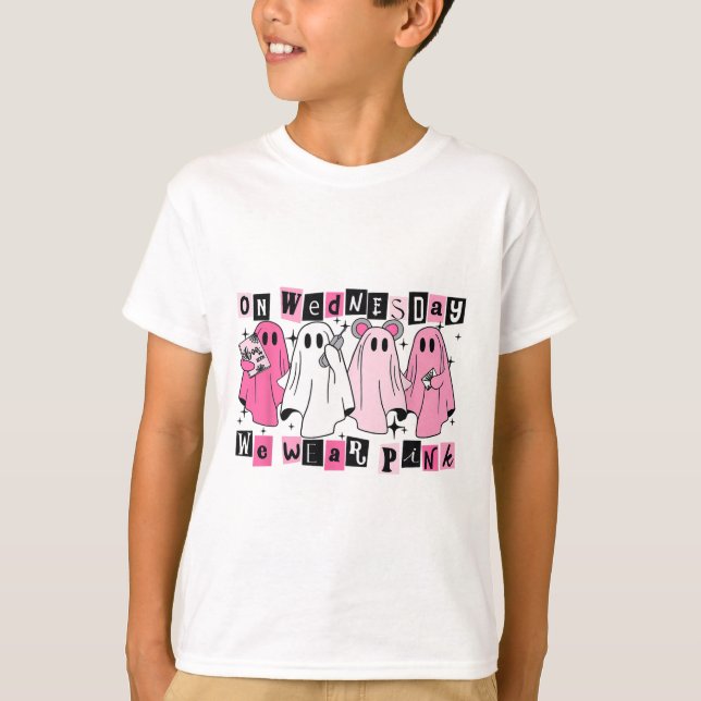 On Wednesday We Wear Cute Pink Ghost Halloween  T-Shirt (Front)