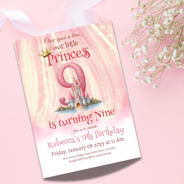 Once Princess Castle Girl Ninth 9th Birthday Invitation (Creator Uploaded)