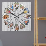 Once Upon a Time 12 Heart Shaped Photo Grey Wood Square Wall Clock<br><div class="desc">Create your own multi photo clock to tell your story - the centre of the clock face is lettered with "Once upon a time" in handwritten typography. Use the photo template to add 12 of your favourite photos, which will be displayed in heart shaped frames. The design uses portrait vertical...</div>