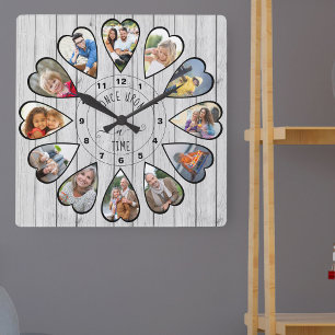 Once Upon a Time 12 Heart Shaped Photo Grey Wood Square Wall Clock