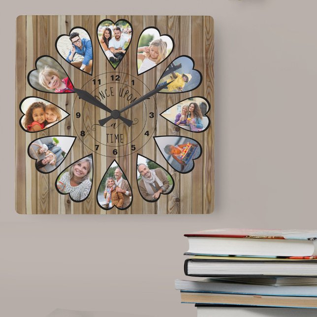 Once Upon a Time 12 Heart Shaped Photo Modern Wood Square Wall Clock (Photo clock with 12 heart shaped photos. Unusual design for your home and a thoughtful photo gift.)