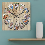 Once Upon a Time 12 Heart Shaped Photos Pine Square Wall Clock<br><div class="desc">Create your own multi photo clock to tell your story - the centre of the clock face is lettered with "Once upon a time" in handwritten typography. Use the photo template to add 12 of your favourite photos, which will be displayed in heart shaped frames. The design uses portrait vertical...</div>