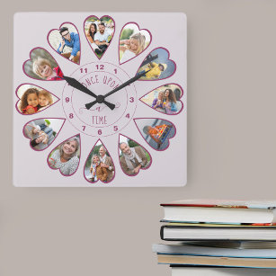Once Upon a Time 12 Heart Shaped Photos Pink Square Wall Clock