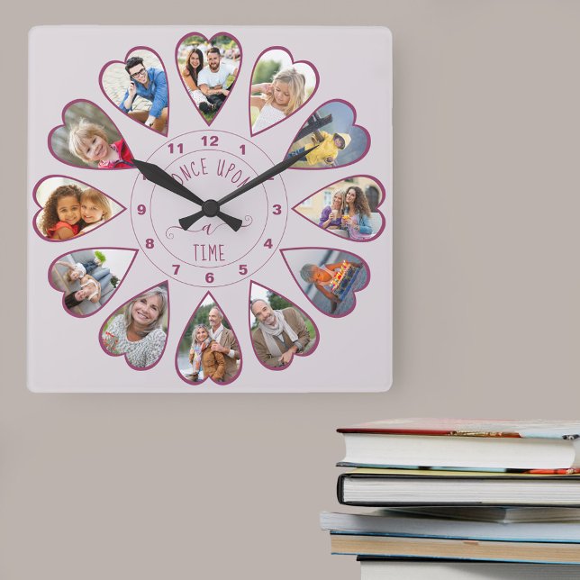 Once Upon a Time 12 Heart Shaped Photos Pink Square Wall Clock (Photo clock with 12 heart shaped photos. Unusual design for your home and a thoughtful photo gift.)
