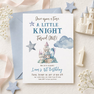 Once Upon a Time Blue Little Knight 1st Birthday Invitation
