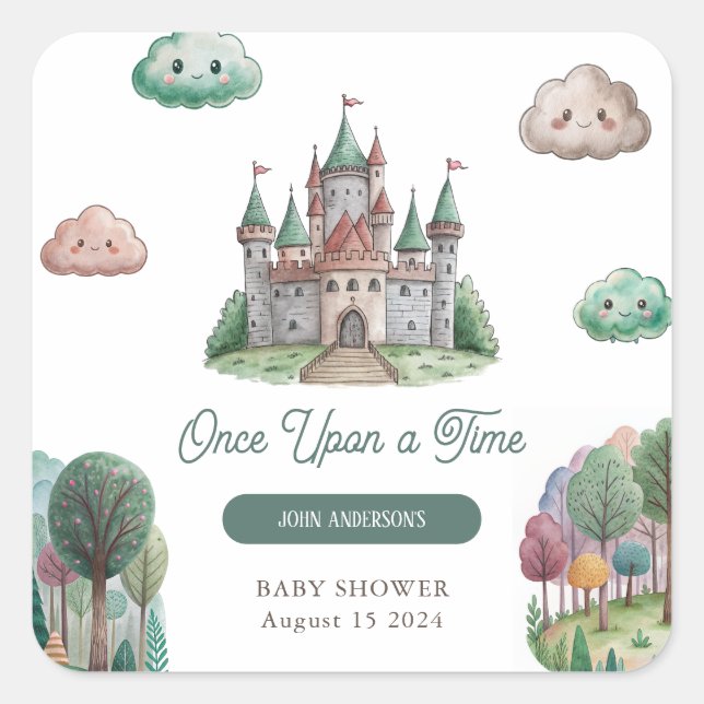 Once Upon a Time Green Castle Pastel Baby Shower Square Sticker (Front)